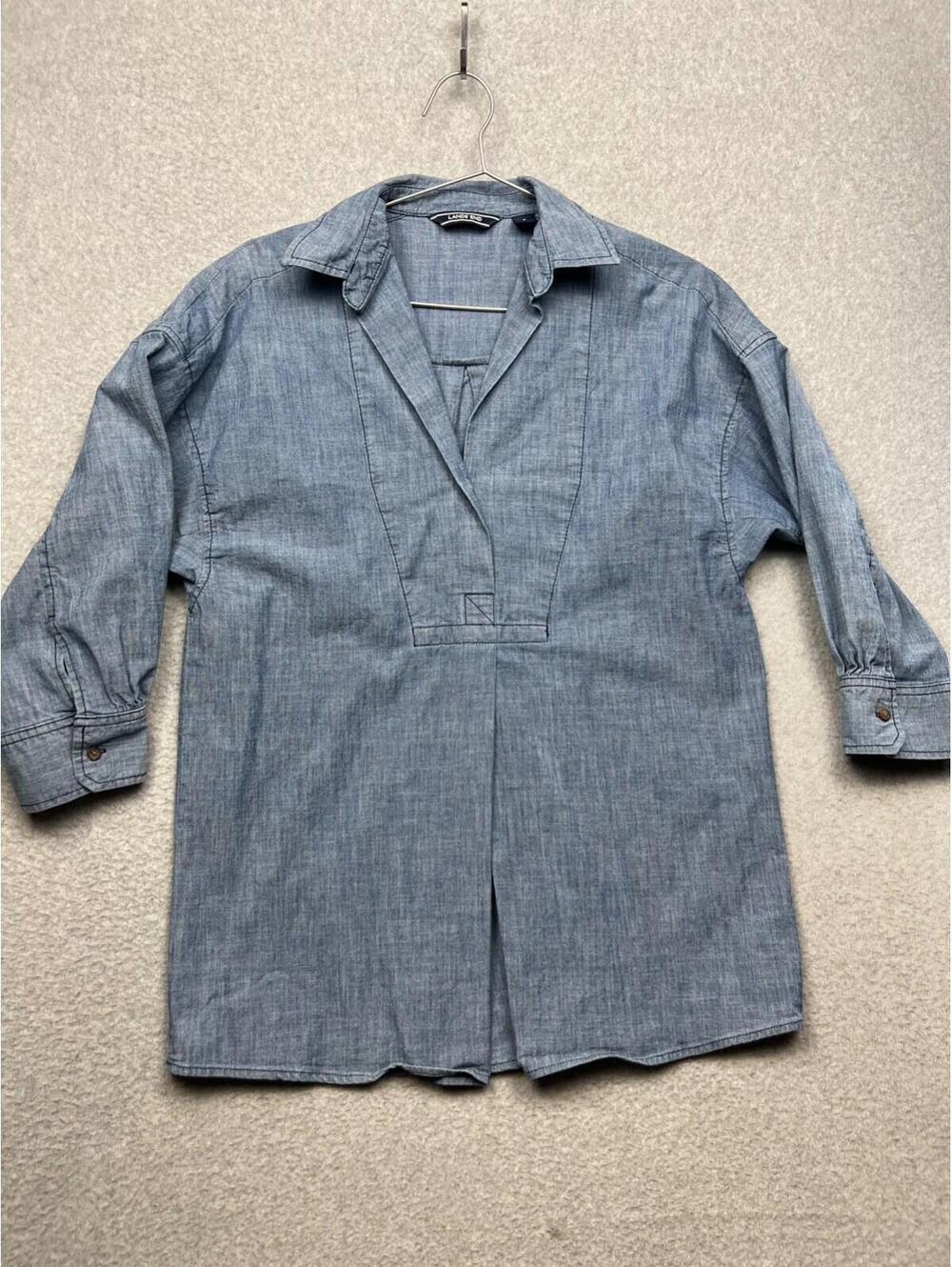 Lands' End Chambray V Neck 3/4 Sleeve Popover Tunic Wmn Sz 4 Vaca Modern Neutral